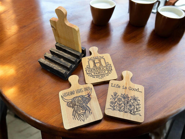 Custom Engraved Cedar Coaster Set with Pine Stand - Hendricks