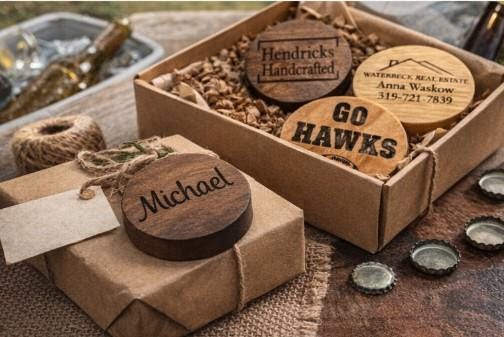Wooden bottle openers with engraved text on a rustic setting