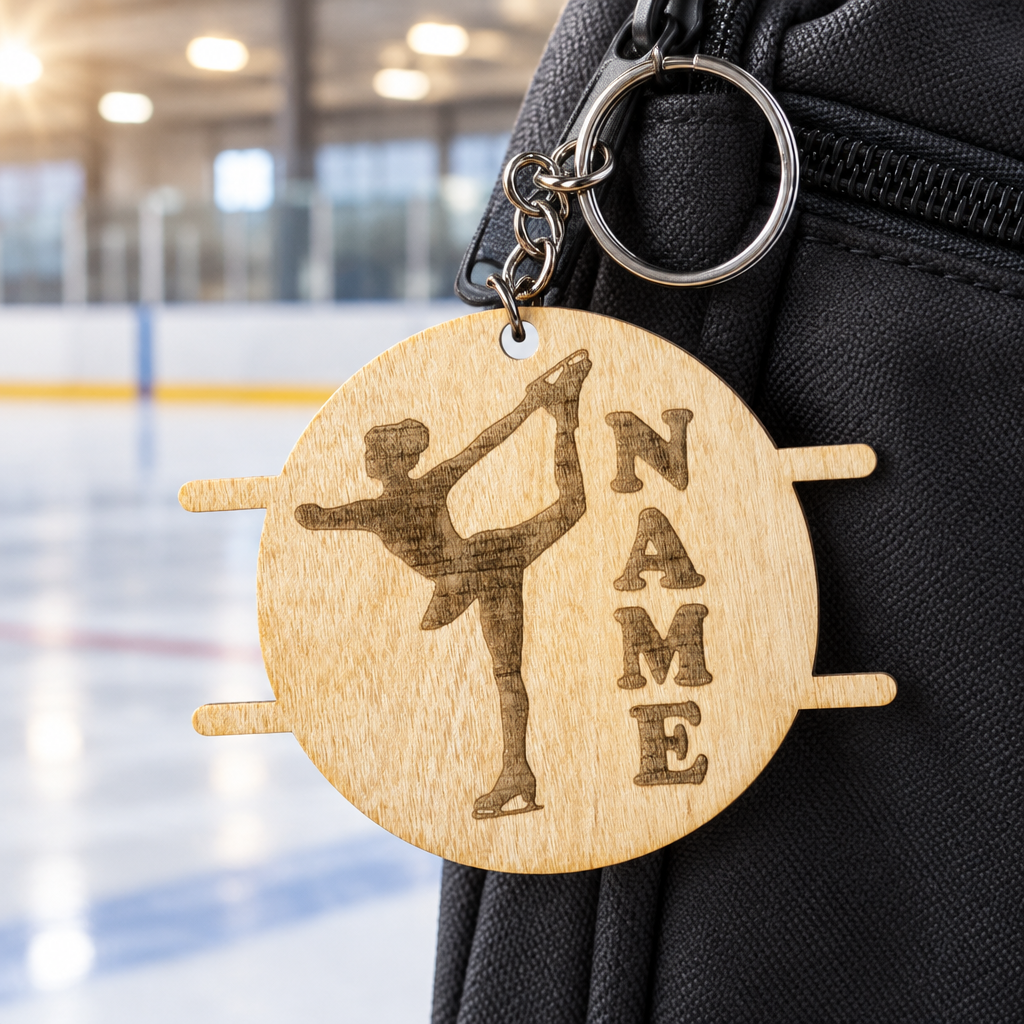 Figure skating keychain, arabesque pose, by the rink