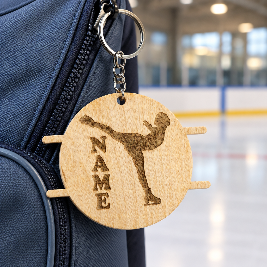 Figure skating keychain, standing-split pose, by the rink