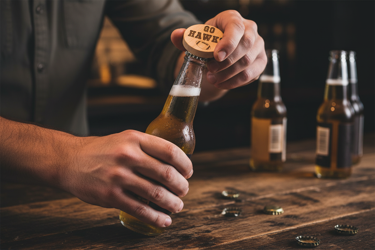 Two hands opening a cold beer bottle with a round wooden magnetic bottle opener at a rustic bar