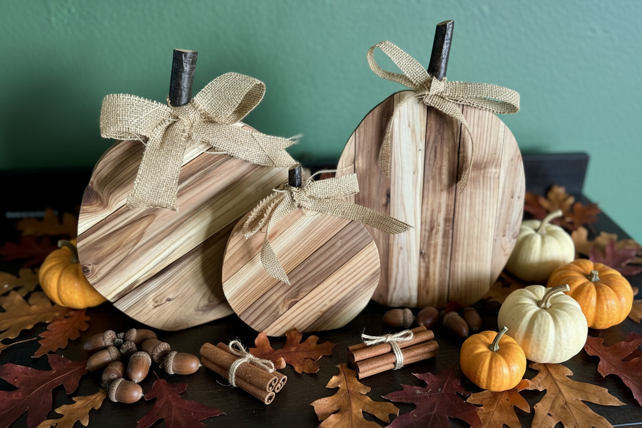Flat lay of cedar pumpkins with acorns, cinnamon sticks, and fall leaves