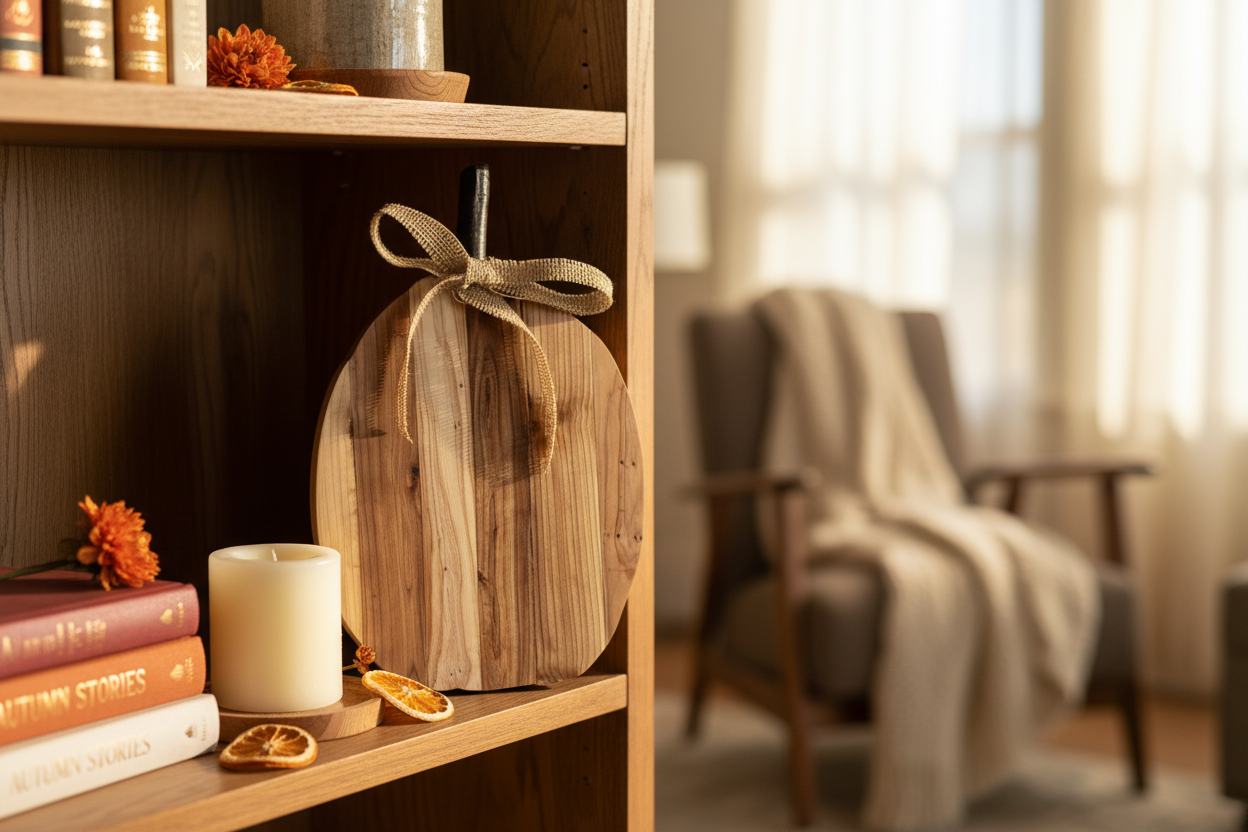 Cedar pumpkin on a cozy living room bookshelf with fall accents