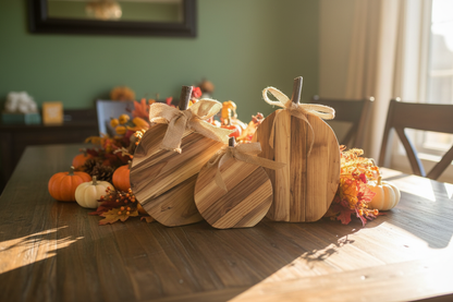 Set of three cedar pumpkins on a fall dining table centerpiece