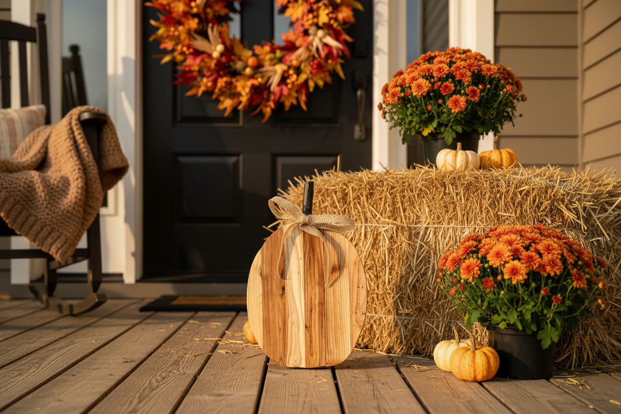 Cedar wood pumpkin on a fall front porch with mums and hay bales