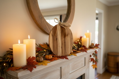 Cedar wood pumpkin styled on a fall farmhouse mantle