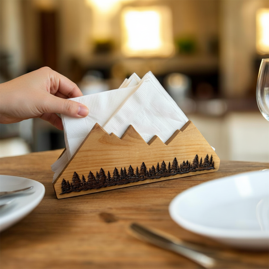 Cedar mountain napkin holder in use hand pulling white napkin farmhouse dining table