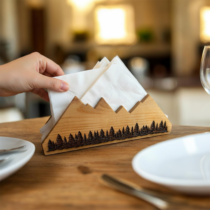 Cedar mountain napkin holder in use hand pulling white napkin farmhouse dining table