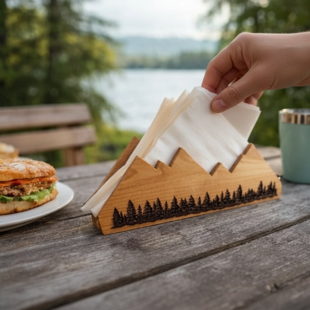Handcrafted wood mountain napkin holder hand reaching for napkin outdoor picnic setting